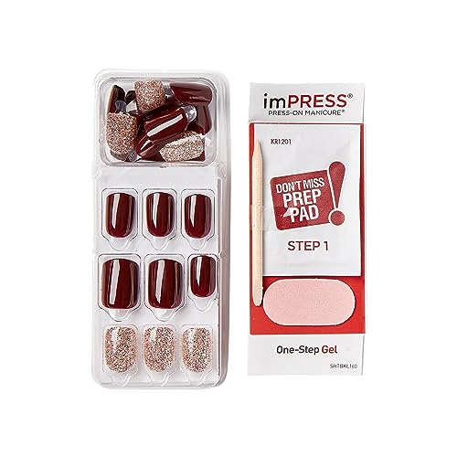 KISS imPRESS No Glue Mani Press On Nails, Design, 'No Other', Red, Short Size, Squoval Shape, Includes 30 Nails, Prep Pad, Instructions Sheet, 1 Manicure Stick, 1 Mini File