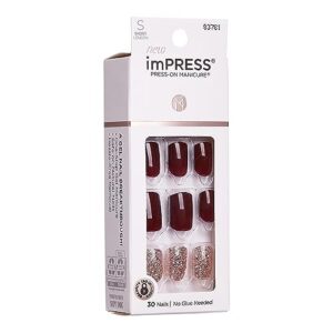 KISS imPRESS No Glue Mani Press On Nails, Design, 'No Other', Red, Short Size, Squoval Shape, Includes 30 Nails, Prep Pad, Instructions Sheet, 1 Manicure Stick, 1 Mini File