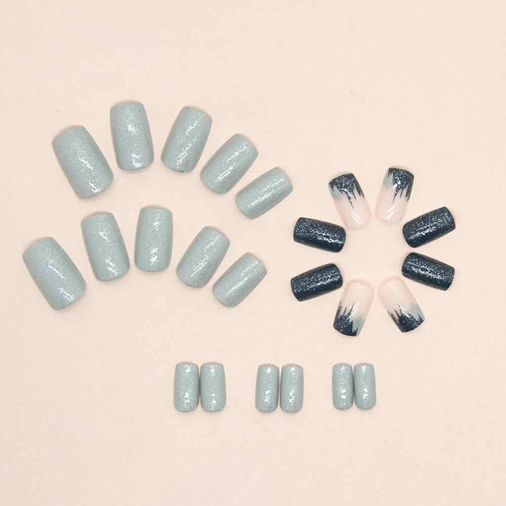 SHANRUN Press on Nails Medium Square Blue Fake Nails Glitter Powder Press ons Nails Tips Full Cover False Nails Stick on Nail Glue on Nails Acrylic Artificial Press on Nail Kit for Women 24 Pcs