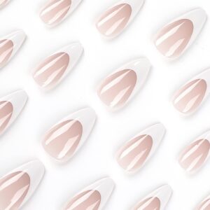 French Tip Press on Nails Long Almond Fake Nails White Tip（wide tip）Nude Pink Glossy Acrylic False Nails Kit for Women Girls Artificial Nails 24 Pcs