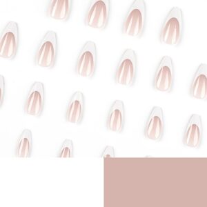 French Tip Press on Nails Long Almond Fake Nails White Tip（wide tip）Nude Pink Glossy Acrylic False Nails Kit for Women Girls Artificial Nails 24 Pcs