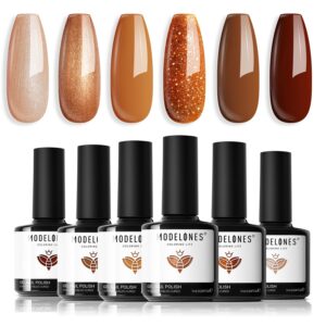 modelones Gel Nail Polish Set, 6 Colors Gel Polish Kit Pearl Nude Brown Shimmer Glitter Orange Red Nail Polish Gel, All Seasons Nails Soak OFF LED Gel Nail Kit Manicure Nail Art Salon DIY Gift