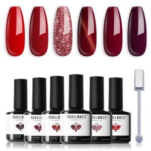 modelones red gel nail polish set - 6 colors ruby sparks collection popular glitter gel polish cat eye magnetic gel burgundy red sparkle bloody nail polish kit art diy salon gift for girls women