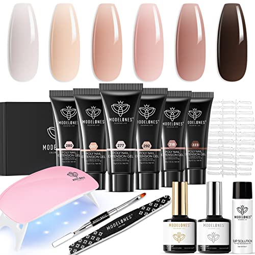 Modelones Poly Extension Gel Kit – 6 Colors Nude Pink Skin Tones Brown Poly Nail Gel Kit with Nail Lamp Complete Kit Nail Thickening Solution DIY at Home