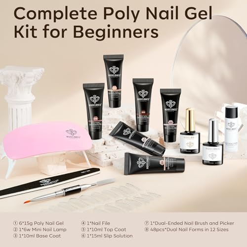 Modelones Poly Extension Gel Kit – 6 Colors Nude Pink Skin Tones Brown Poly Nail Gel Kit with Nail Lamp Complete Kit Nail Thickening Solution DIY at Home