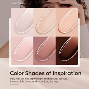 Modelones Poly Extension Gel Kit – 6 Colors Nude Pink Skin Tones Brown Poly Nail Gel Kit with Nail Lamp Complete Kit Nail Thickening Solution DIY at Home