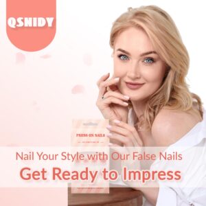 Qsnidy Ombre Glossy Press On Nails Medium Length Square Acrylic Fake Nails, French Full Cover False Nails for Women and Girls, 24 Nails in 12 Sizes