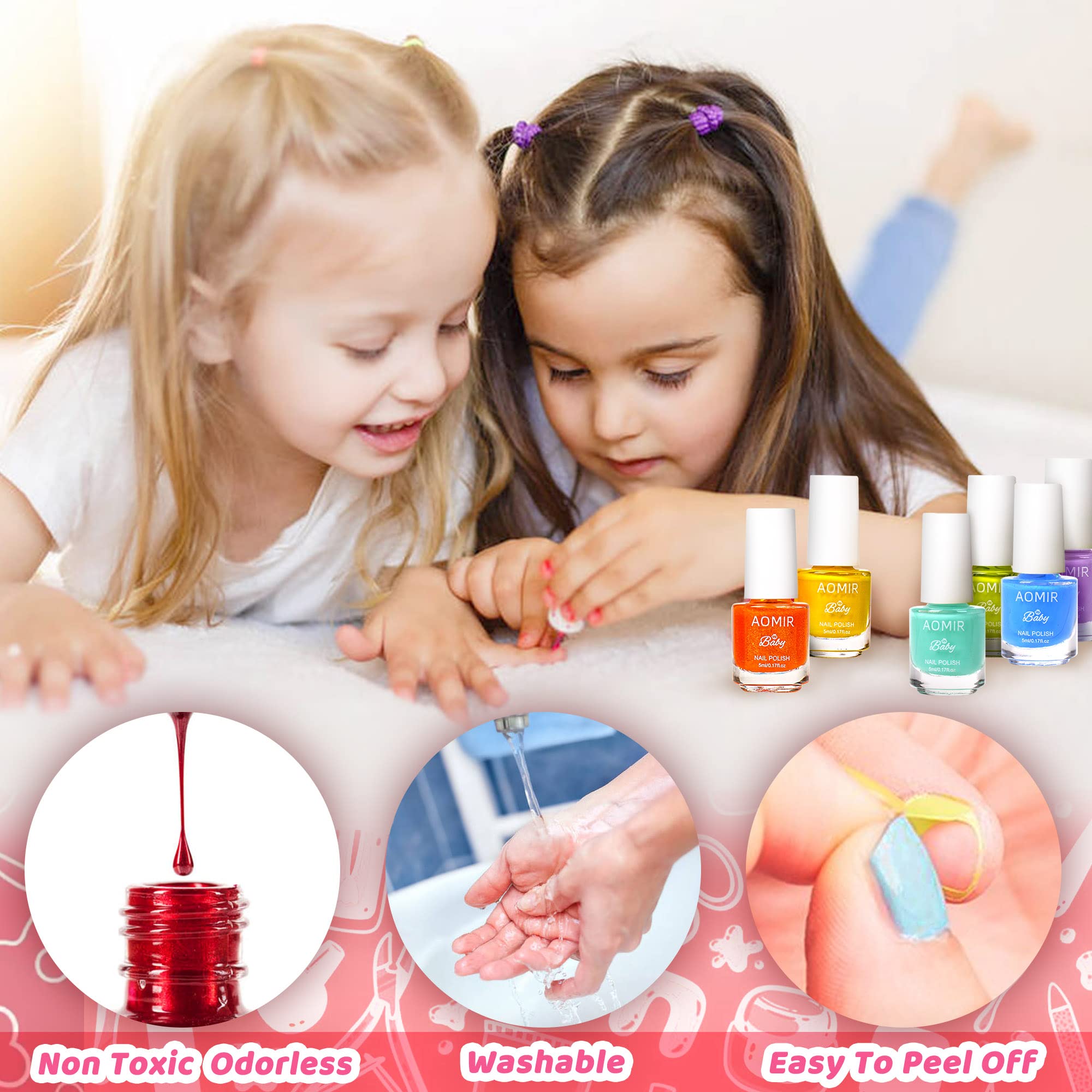 AOMIR kids nail polish set,Non Toxic Kids Nail Polish Set for Toddler,Water-Based Natural Safe Quick Dry Nail Polish Kit,Birthday Gift Nail Polish Set for Girl (11 Colors + 1 Coat) Kids Ages 3+