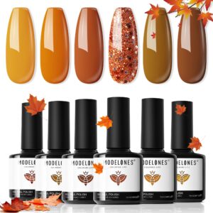 modelones fall gel polish set, 6 colors - orange, yellow, brown, gold, glitter - for winter nail art, manicures, back to school gifts