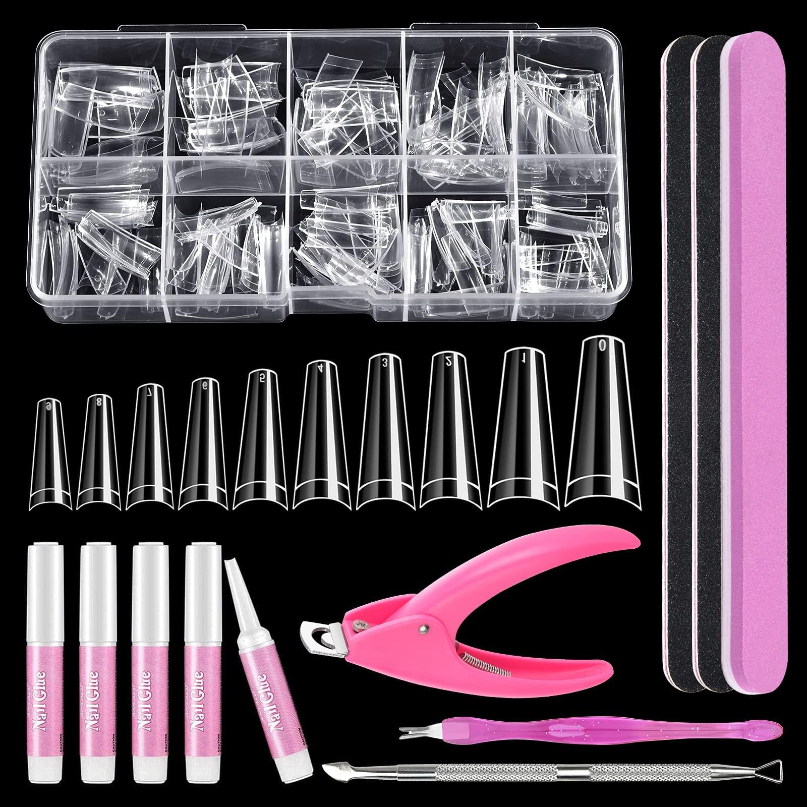 Clear Coffin Nail Tips Set, MORGLES 500pcs Long Nail Tips for Acrylic Nails Professional Half Cover Ballerina French Nail Tips Fake Nails Kit with Nail Glue, Clipper, Files, Cuticle Pusher and Fork