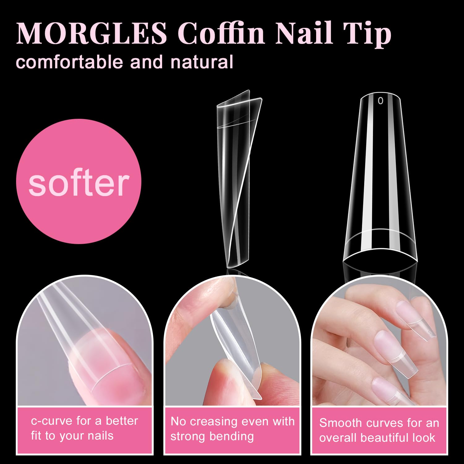 Clear Coffin Nail Tips Set, MORGLES 500pcs Long Nail Tips for Acrylic Nails Professional Half Cover Ballerina French Nail Tips Fake Nails Kit with Nail Glue, Clipper, Files, Cuticle Pusher and Fork