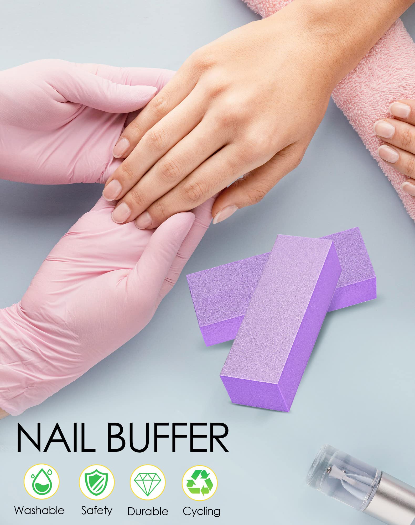 Maryton Nail Buffer Block, Medium/Fine Grit 100/180 Finishing Buffers for Acrylic Nails Gel Polish Nails, 3 Way Professional Pedicure Manicure Buffer Kits, 5 Count (Purple)