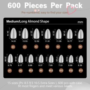 SHOWMORE 600Pcs Medium Almond Nail Tips Soft Gel Pre-shaped Full Matte Full Cover Acrylic False Nail Tip Press on Nails for Nail Extension DIY Salon 15 Sizes