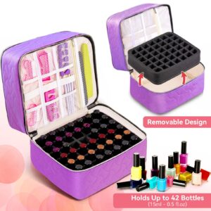 Nail Polish Organizer Case Holds 42 Bottles (15ml/0.5 fl.oz), Double-Layer Nail polish storage with Adjustable Dividers, Portable Nail Polish Bag for Nail Gel Nail Lamp and Manicure Tools, Purple