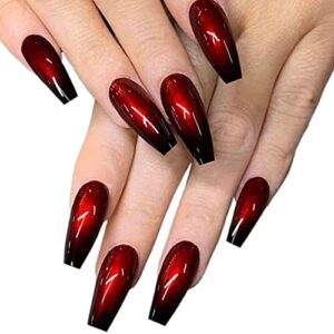 outyua halloween red black press on nails ombre coffin fake nails long false nails with designs acrylic witch ghost nails for women and girls 24pcs (red & black)