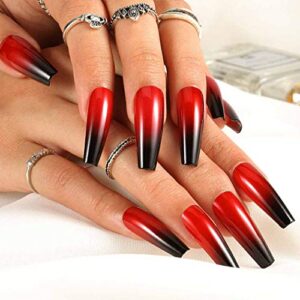 Outyua Halloween Red Black Press on Nails Ombre Coffin Fake Nails Long False nails with Designs Acrylic Witch Ghost Nails for Women and Girls 24Pcs (Red & Black)