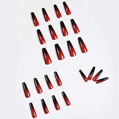 Outyua Halloween Red Black Press on Nails Ombre Coffin Fake Nails Long False nails with Designs Acrylic Witch Ghost Nails for Women and Girls 24Pcs (Red & Black)