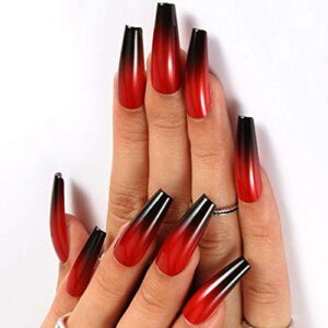 Outyua Halloween Red Black Press on Nails Ombre Coffin Fake Nails Long False nails with Designs Acrylic Witch Ghost Nails for Women and Girls 24Pcs (Red & Black)