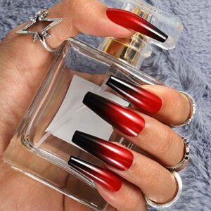 Outyua Halloween Red Black Press on Nails Ombre Coffin Fake Nails Long False nails with Designs Acrylic Witch Ghost Nails for Women and Girls 24Pcs (Red & Black)