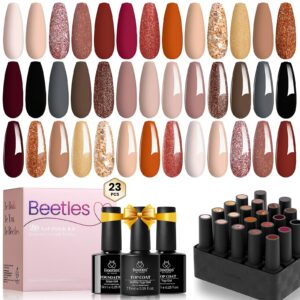 beetles 23pcs gel nail polish kit, 20 colors nude pink brown burgundy red gel polish set with base top coat verse of roses kit, soak off uv golden glitter holiday nail gel