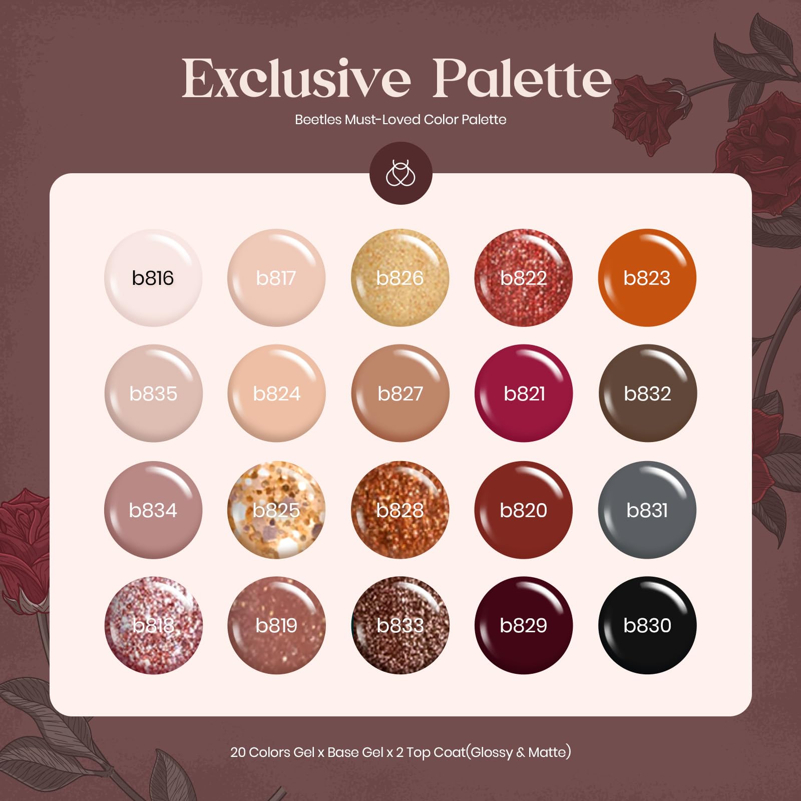 Beetles 23Pcs Gel Nail Polish Kit, 20 Colors Nude Pink Brown Burgundy Red Gel Polish Set with Base Top Coat Verse of Roses Kit, Soak off Uv Golden Glitter Holiday Nail Gel