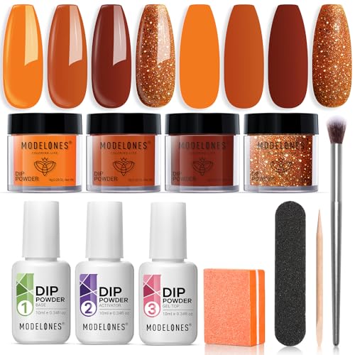 Modelones Dip Powder Nail Kit Starter, 4 Colors Fall Colors Orange Brown Glitter Dipping Powder Liquid Set with Base Top Coat Activator Nail Art Beginner DIY Salon Gift