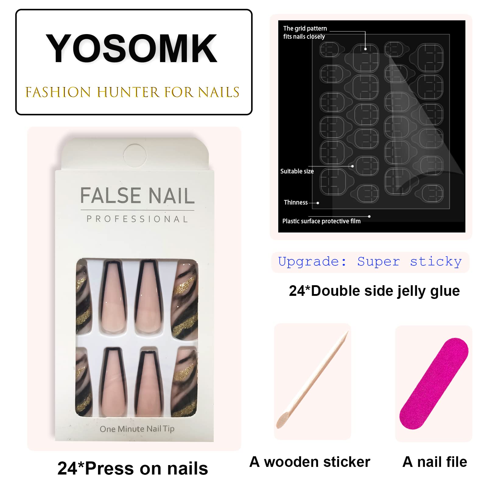 YOSOMK French Tip Press on Nails Long with Designs Black and Gold False Fake Nails Press On Coffin Artificial Nails for Women Stick on Nails With Glue on Static nails