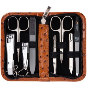 3 swords germany - brand quality 8 piece manicure pedicure grooming kit set synthetic leather case ostrich cognac - made in germany