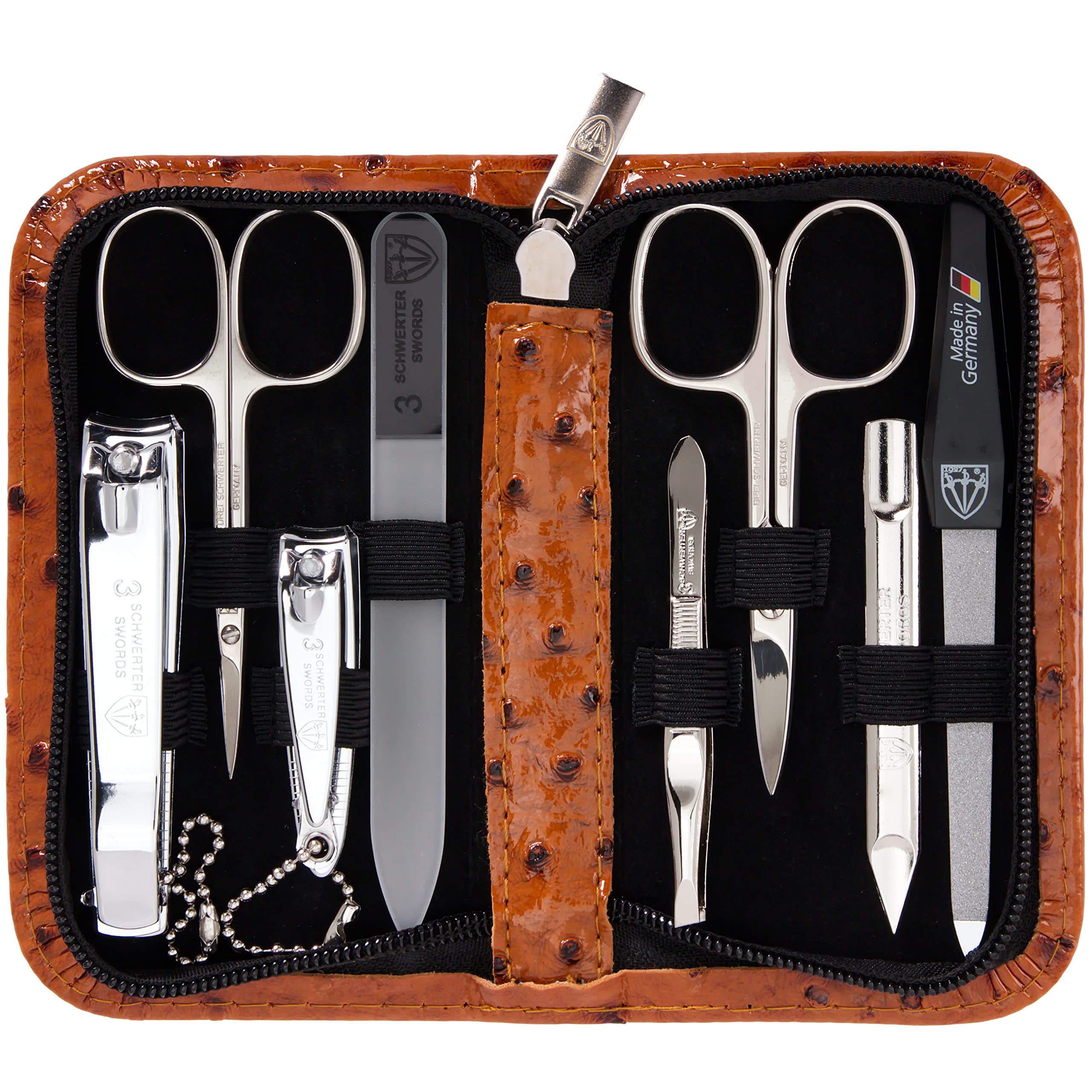 3 Swords Germany - brand quality 8 piece manicure pedicure grooming kit set synthetic leather case ostrich cognac - Made in Germany