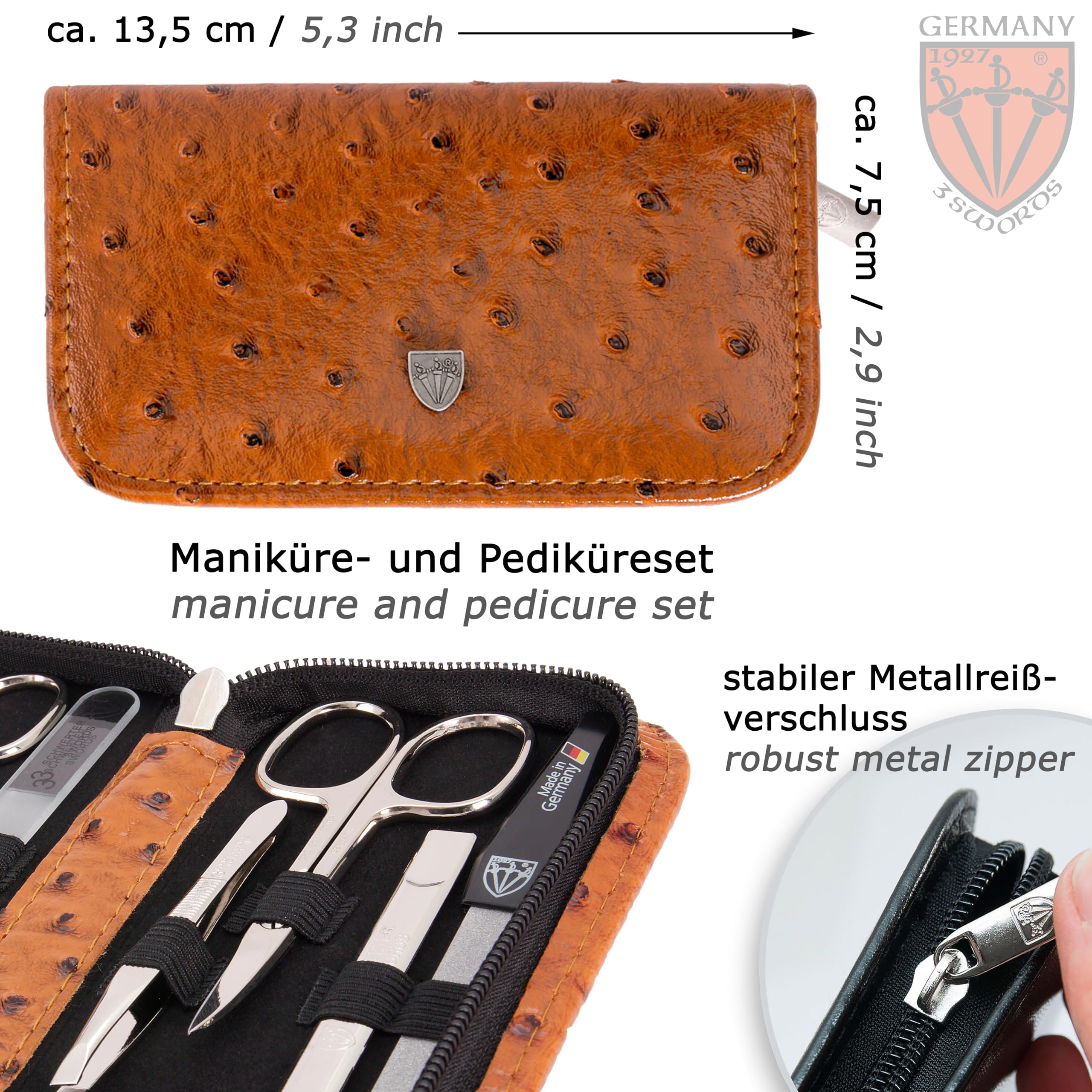 3 Swords Germany - brand quality 8 piece manicure pedicure grooming kit set synthetic leather case ostrich cognac - Made in Germany