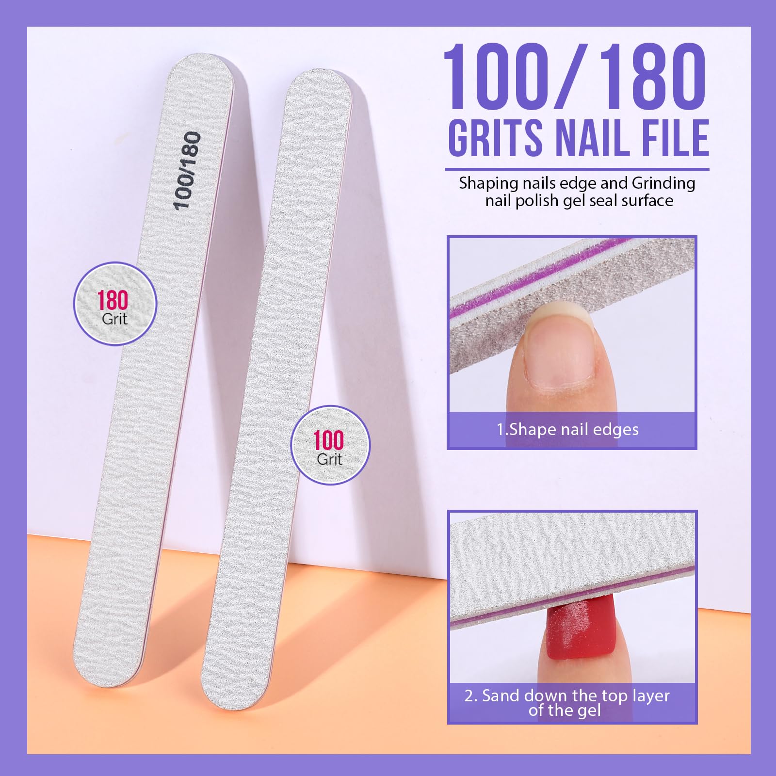 Teenitor Nail Polish Gel Remover Tools Kit with Nail Clips Nail Remover Pads Cuticle Pusher Nail Brushes Nail File Grits 120/180 Buffer Block Grits 400/4000, 6 Pack Purple