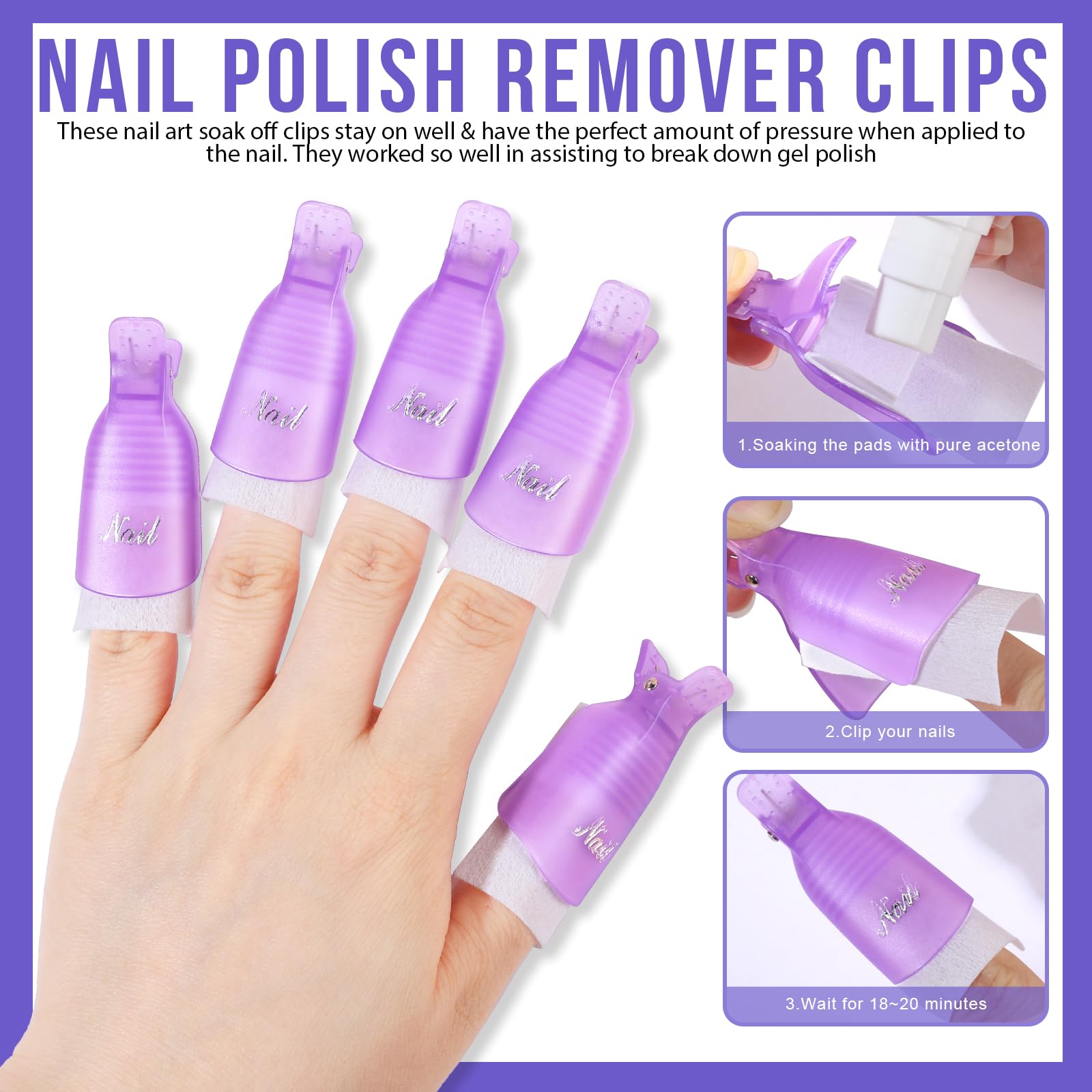 Teenitor Nail Polish Gel Remover Tools Kit with Nail Clips Nail Remover Pads Cuticle Pusher Nail Brushes Nail File Grits 120/180 Buffer Block Grits 400/4000, 6 Pack Purple