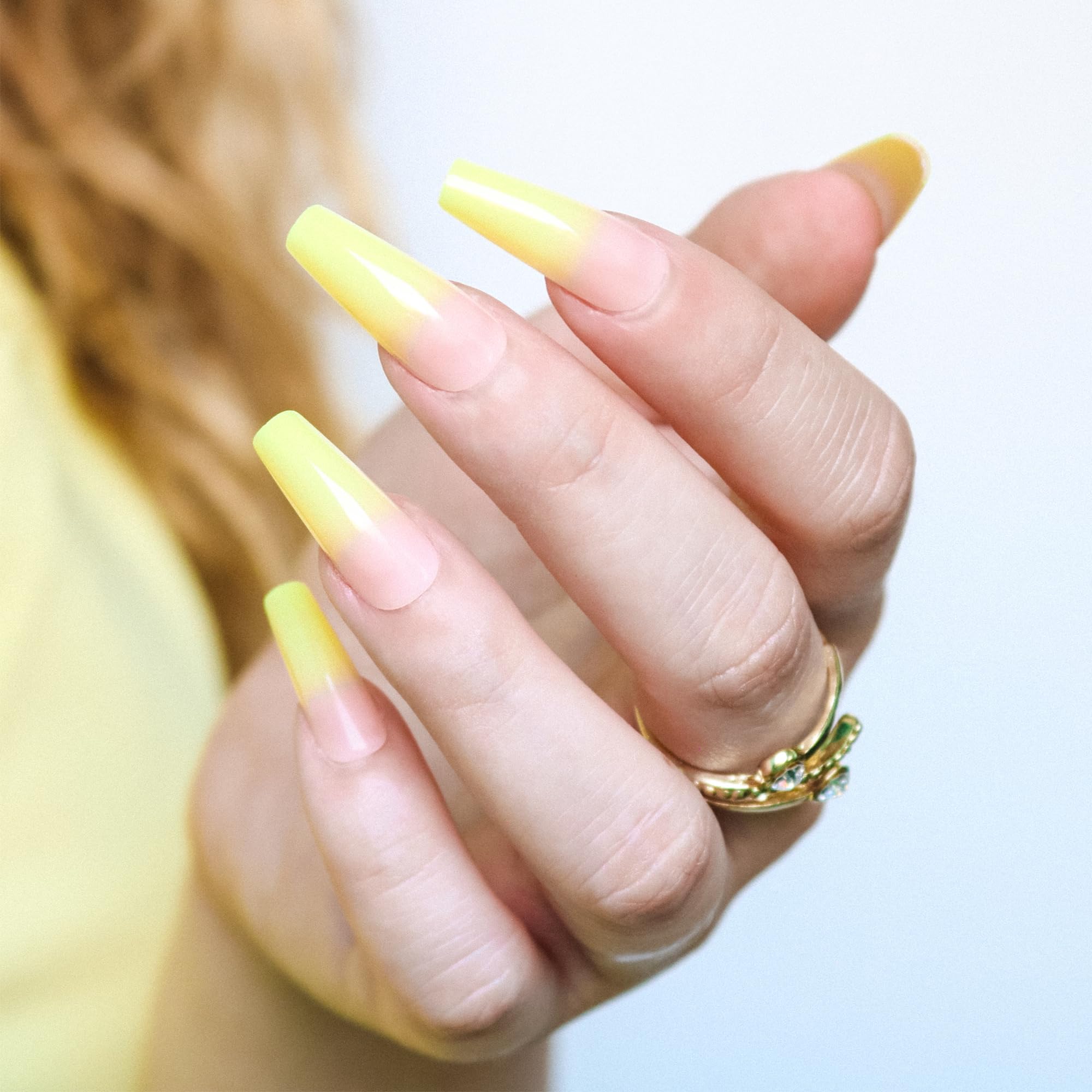 Allkem Press On Nails - Yellow Ombre Glossy Medium Long Ballerina | 10 sizes - 20 pcs Coffin Nail kit with Glue