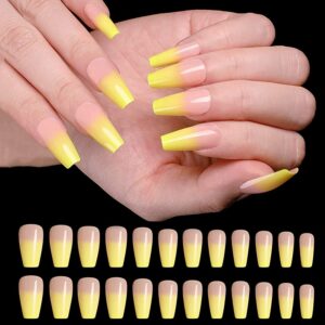 Allkem Press On Nails - Yellow Ombre Glossy Medium Long Ballerina | 10 sizes - 20 pcs Coffin Nail kit with Glue