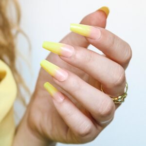 Allkem Press On Nails - Yellow Ombre Glossy Medium Long Ballerina | 10 sizes - 20 pcs Coffin Nail kit with Glue