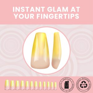 Allkem Press On Nails - Yellow Ombre Glossy Medium Long Ballerina | 10 sizes - 20 pcs Coffin Nail kit with Glue