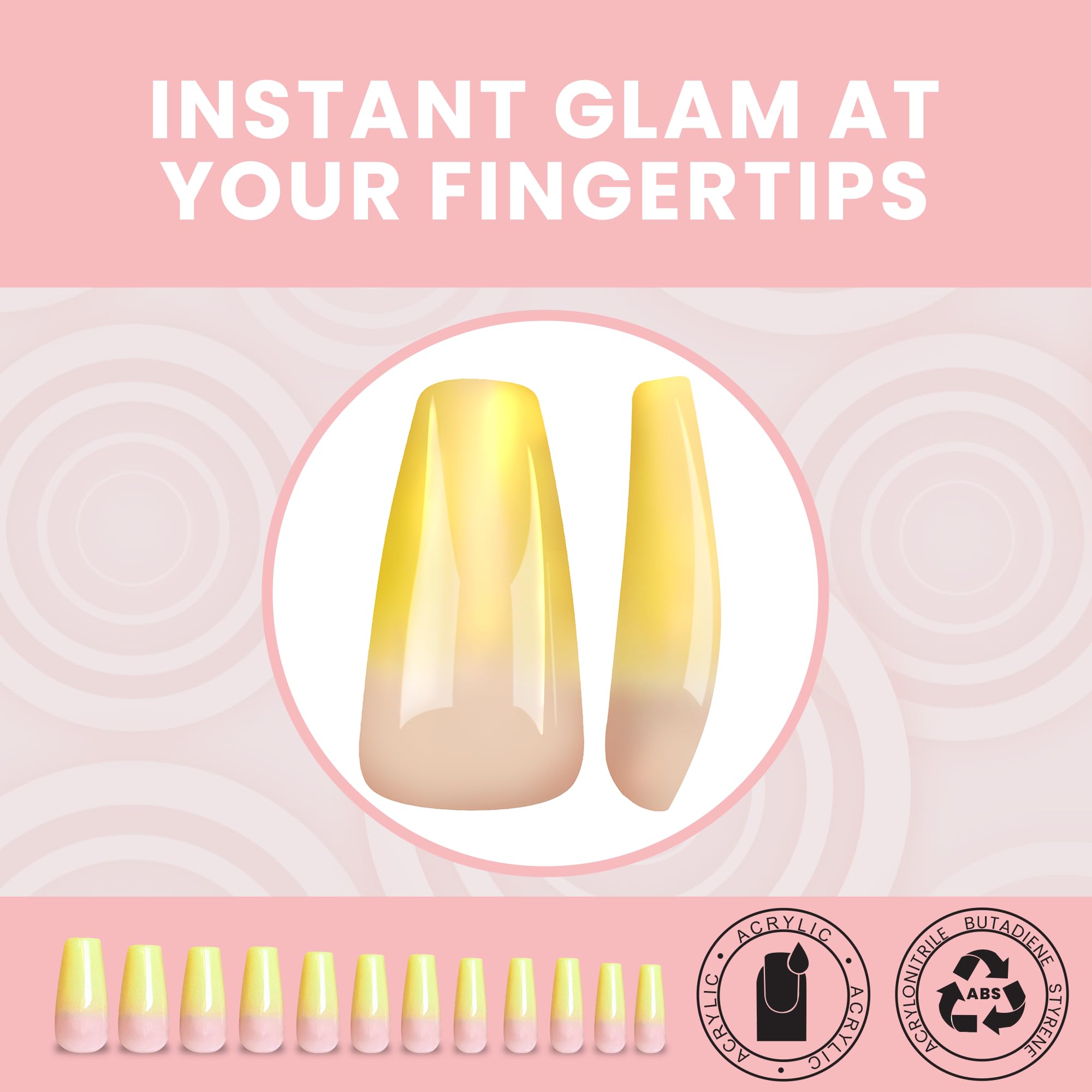 Allkem Press On Nails - Yellow Ombre Glossy Medium Long Ballerina | 10 sizes - 20 pcs Coffin Nail kit with Glue