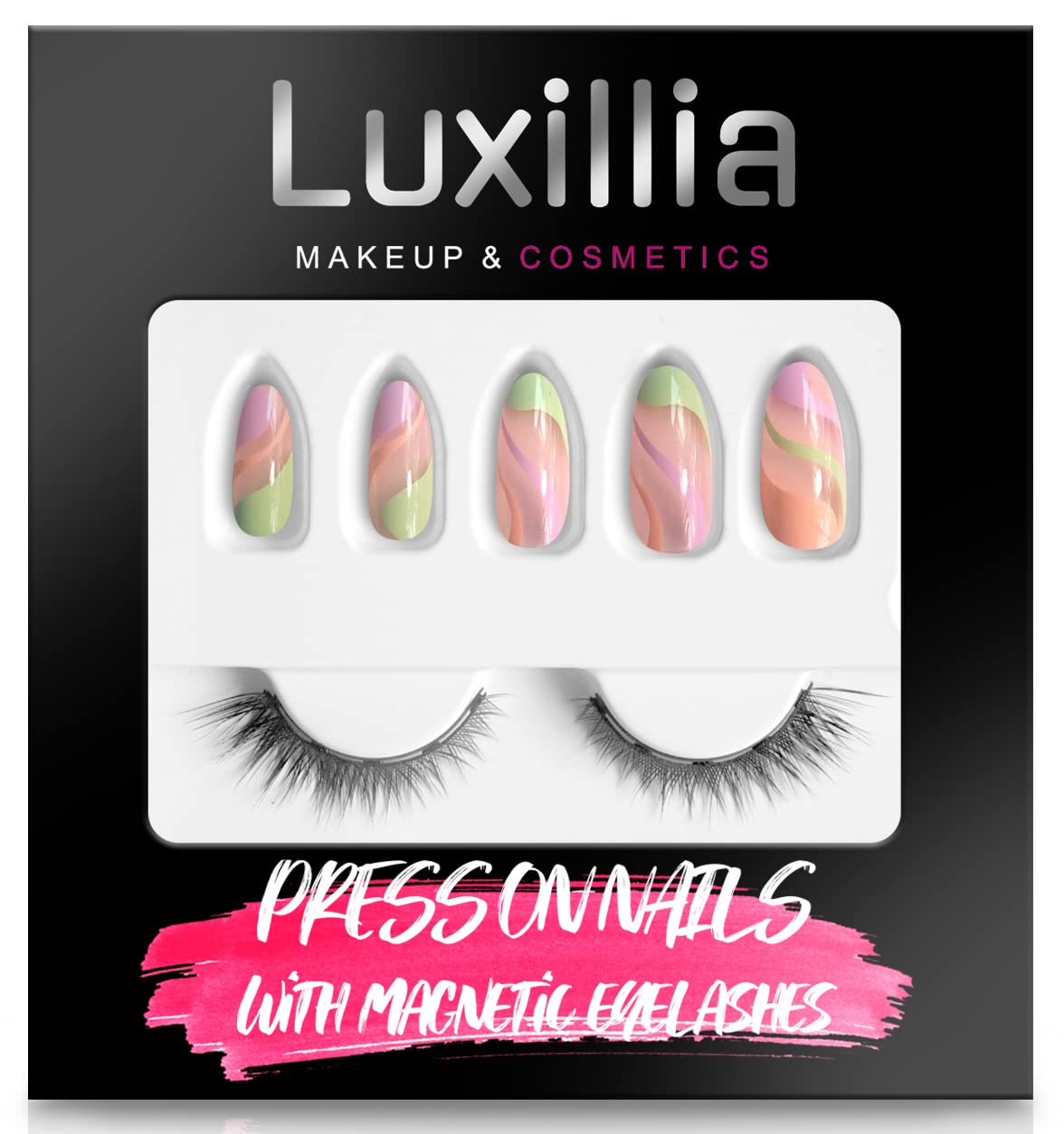 Luxillia Magnetic Eyelashes with Eyeliner Kit Natural Look FREE Press on Nails | UV Finish 24 Nail - 12 Sizes Kit | Reusable Acrylic Fake Nail with Glue