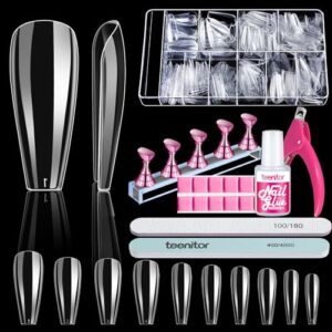 Teenitor 600pcs Clear Coffin Nail Tips, Acrylic Nail Kit, Clear Press On Nails, Long Fake Nails Coffin Nail Tips Full Cover, Acrylic Nail Clipper Nail Stand for False Nails