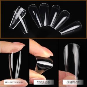 Teenitor 600pcs Clear Coffin Nail Tips, Acrylic Nail Kit, Clear Press On Nails, Long Fake Nails Coffin Nail Tips Full Cover, Acrylic Nail Clipper Nail Stand for False Nails