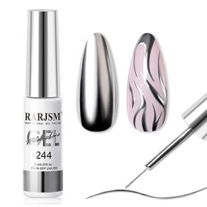 RARJSM Metallic Silver Gel Liner Nail Art 3D Mirror Chrome Effect Gel Nail Polish 8ml Build in Thin Brush Metal Painted Drawing Striper Gel Polish Soak off Curing Requires for Home Salon Diy Painting