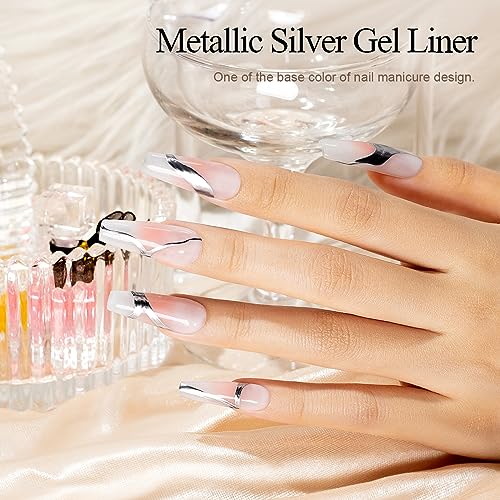 RARJSM Metallic Silver Gel Liner Nail Art 3D Mirror Chrome Effect Gel Nail Polish 8ml Build in Thin Brush Metal Painted Drawing Striper Gel Polish Soak off Curing Requires for Home Salon Diy Painting