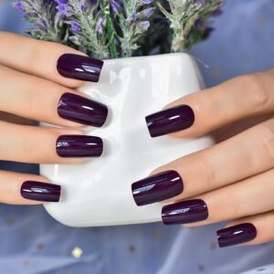 Glossy Finished Dark Grapes Purple Press On False Nails Medium Length Squoval Women Girls Nail Art Tips Salon DIY Manicure Reusable Acrylic Pretty Solid Color Gel Fake Nails for Daily Office Home