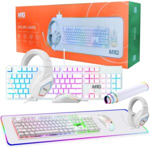 gaming kit for pc, rgb keyboard and mouse, gaming headphone, large led desk mat with smooth surface with rgb modes for desktop computer, xbox and ps4 gamers - mtg 4 in 1 combo