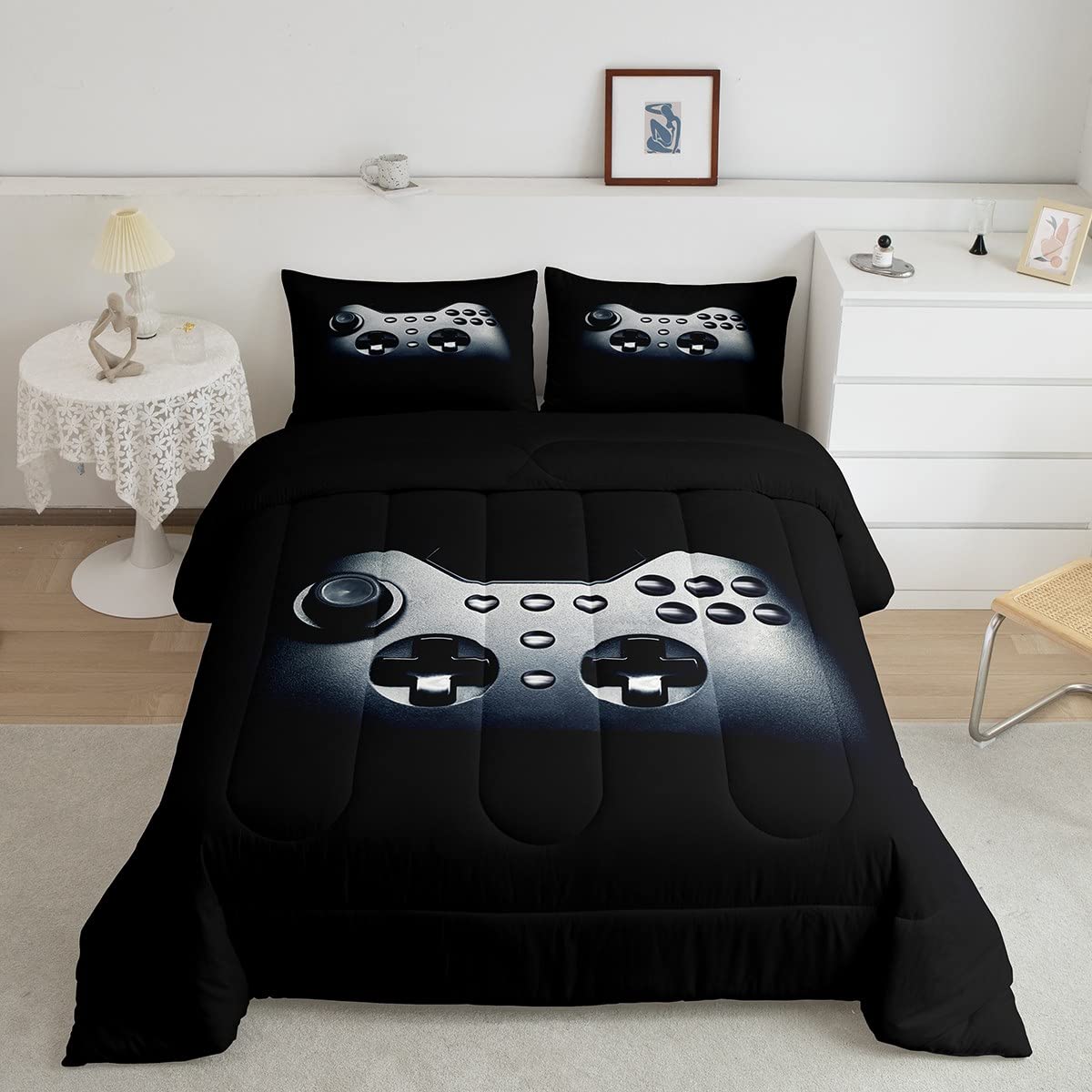 Feelyou Teens Boys Comforter Black Gamer Comforter Set Video Game Gamepad Print Bedding Set Gaming Duvet Game Controller Quilt Set Kids 3Piece 1 Comforter with 2 Pillowcases (Full)