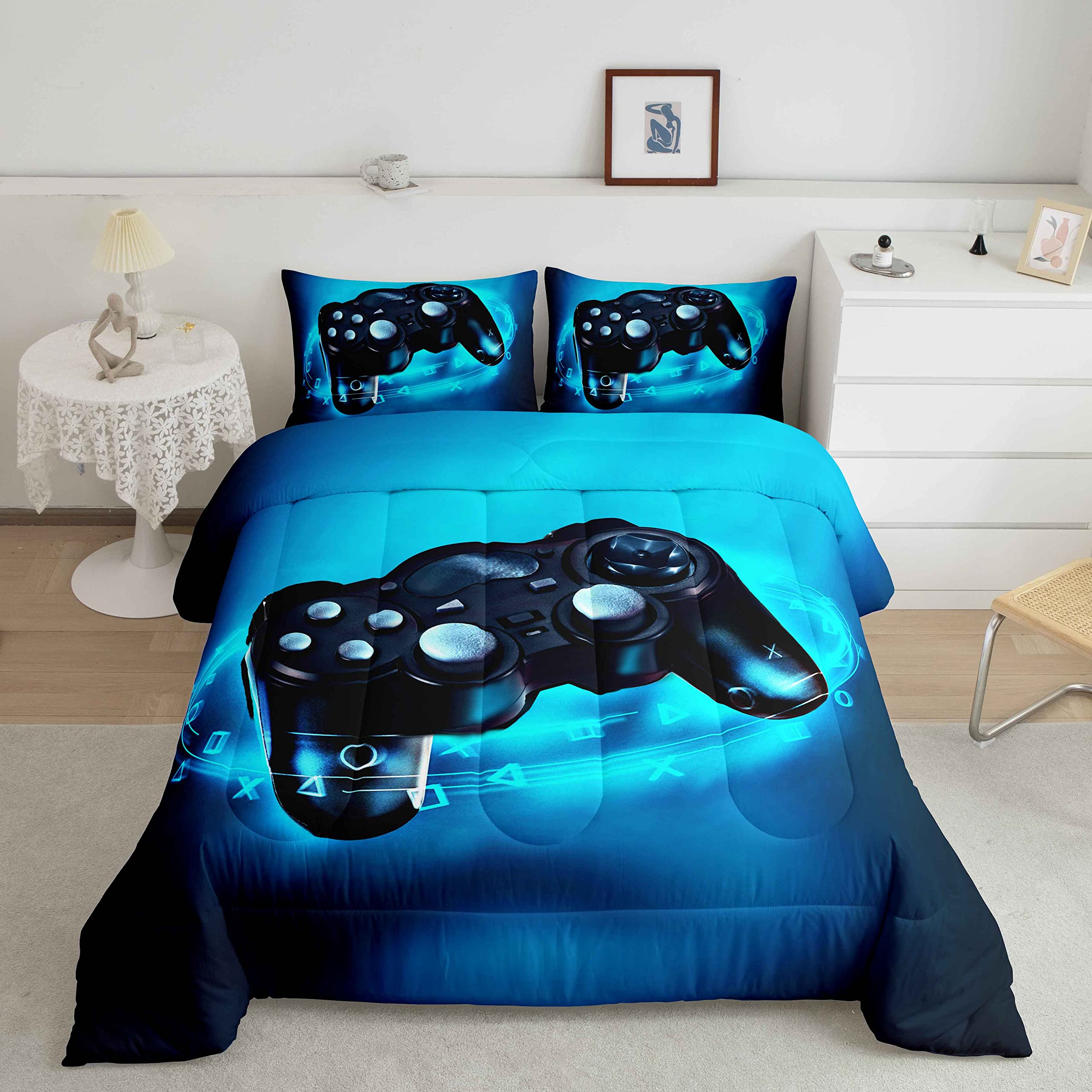 Feelyou Gamer Bedding Set for Boys Full Size Comforter Set Kids Gaming Comforter Blue Gamer Room Decor Video Game Gamepad Bed Set Teens Teenage Bedding Soft Warm 1 Comforter with 2 Pillowcases