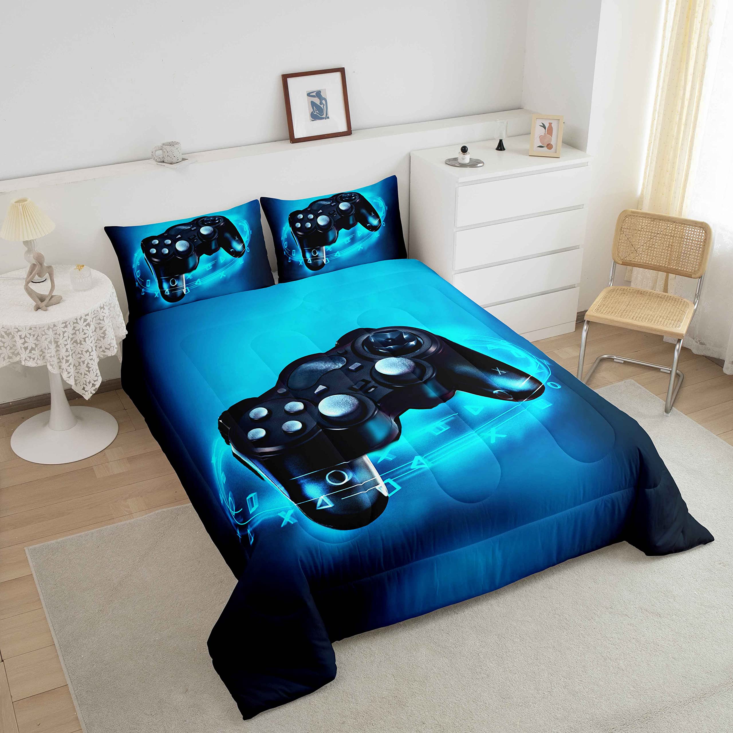 Feelyou Gamer Bedding Set for Boys Full Size Comforter Set Kids Gaming Comforter Blue Gamer Room Decor Video Game Gamepad Bed Set Teens Teenage Bedding Soft Warm 1 Comforter with 2 Pillowcases