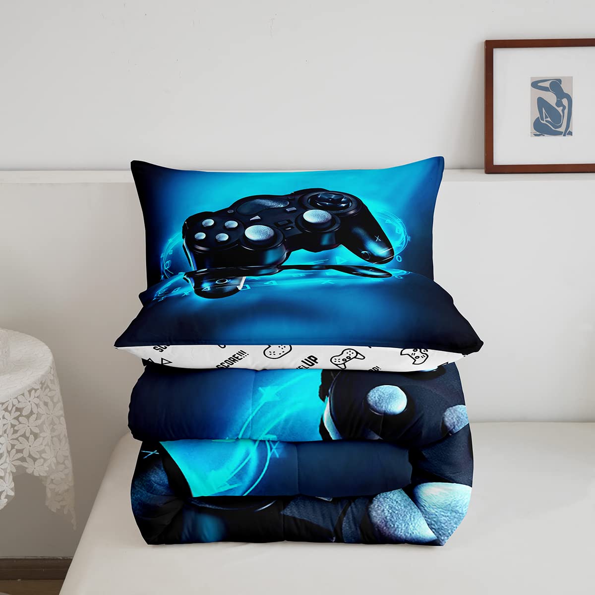 Feelyou Gamer Bedding Set for Boys Full Size Comforter Set Kids Gaming Comforter Blue Gamer Room Decor Video Game Gamepad Bed Set Teens Teenage Bedding Soft Warm 1 Comforter with 2 Pillowcases