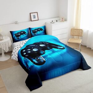 Feelyou Gamer Bedding Set for Boys Full Size Comforter Set Kids Gaming Comforter Blue Gamer Room Decor Video Game Gamepad Bed Set Teens Teenage Bedding Soft Warm 1 Comforter with 2 Pillowcases