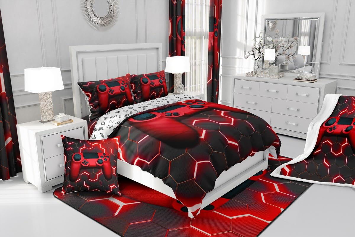 Erosebridal Full Size Boys Gamepad Comforter Cover,Modern Fashion Red Gaming Controller Printed Duvet Cover,Gamer Video Games Decorative 3 Piece Bedding Set with 2 Pillow Cases,Black